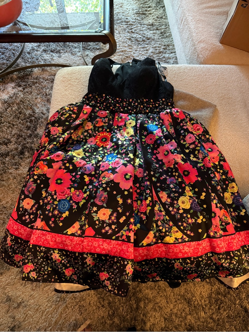 Mac Duggal Black Bodice Floral Prom Dress with Pink Accents - Picture 7 of 7